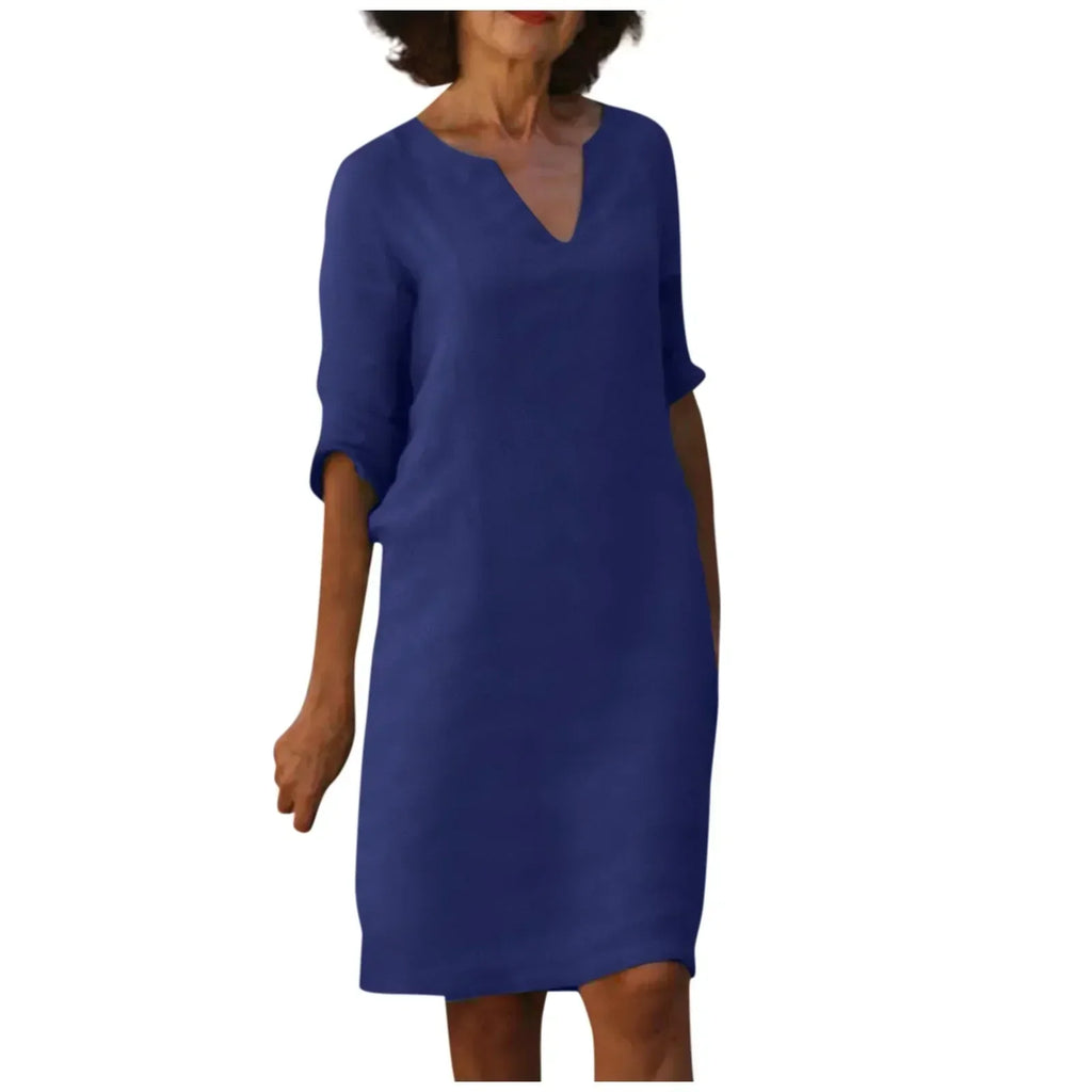 Valenzora | Women's Cotton Linen V-Neck Dress with Half Sleeves