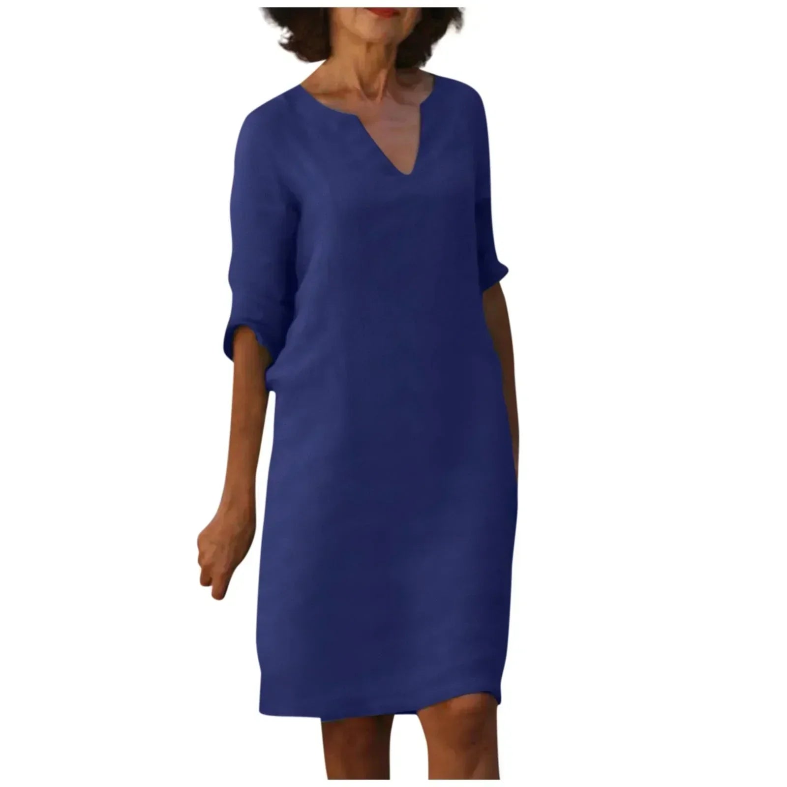 Valenzora | Women's Cotton Linen V-Neck Dress with Half Sleeves