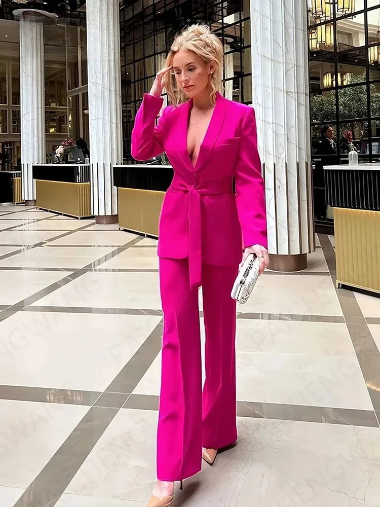 Valenzora | Damen Freizeit-Blazer, schicke Oberbekleidung, elegante Schlaghose, Langarm, V-Ausschnitt, Gürtel, Büro-Pendler-Anzugset