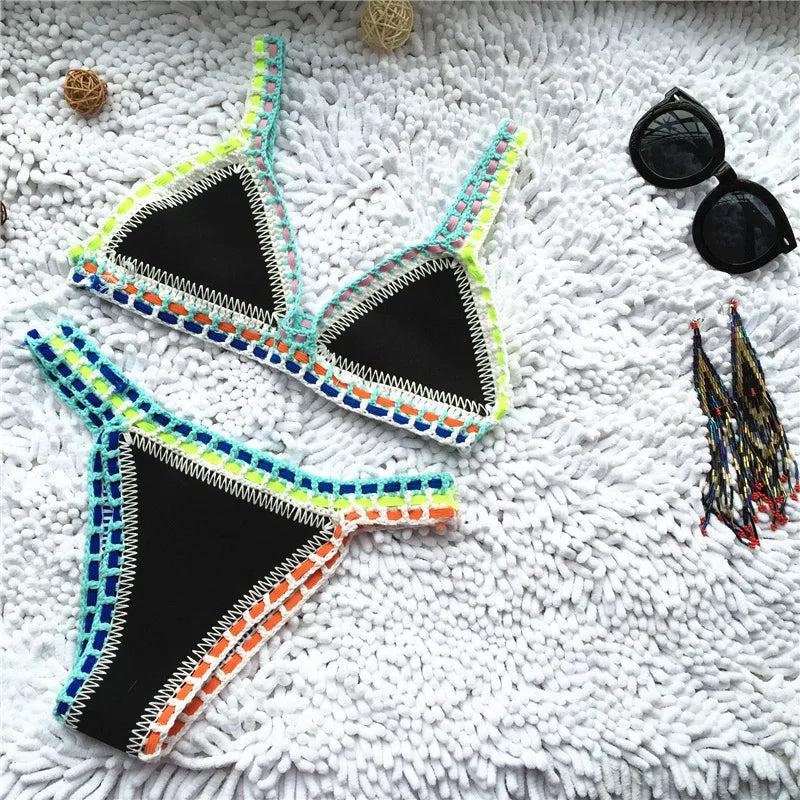 Valenzora | Gestrickter 2-teiliger Bikini-Badeanzug für Damen, Sommer Strandurlaub Bademode, Sexy Triangel-Cup V-Ausschnitt Träger Bademode