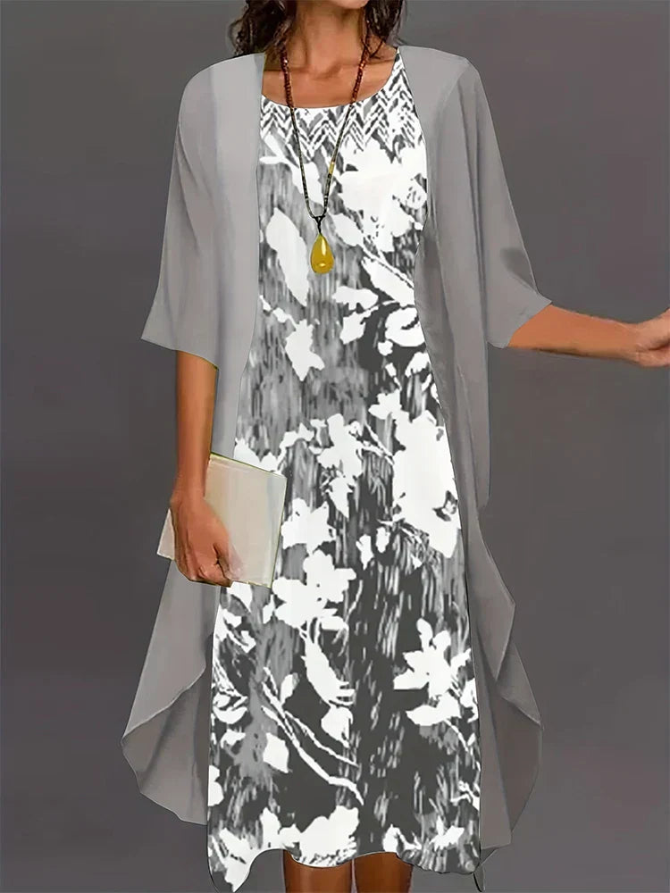 Valenzora | Plus Size Autumn New Women's Floral Pattern Long Dress Printed Pattern Two Piece Dress Round Neck Temperament Elegant Dress