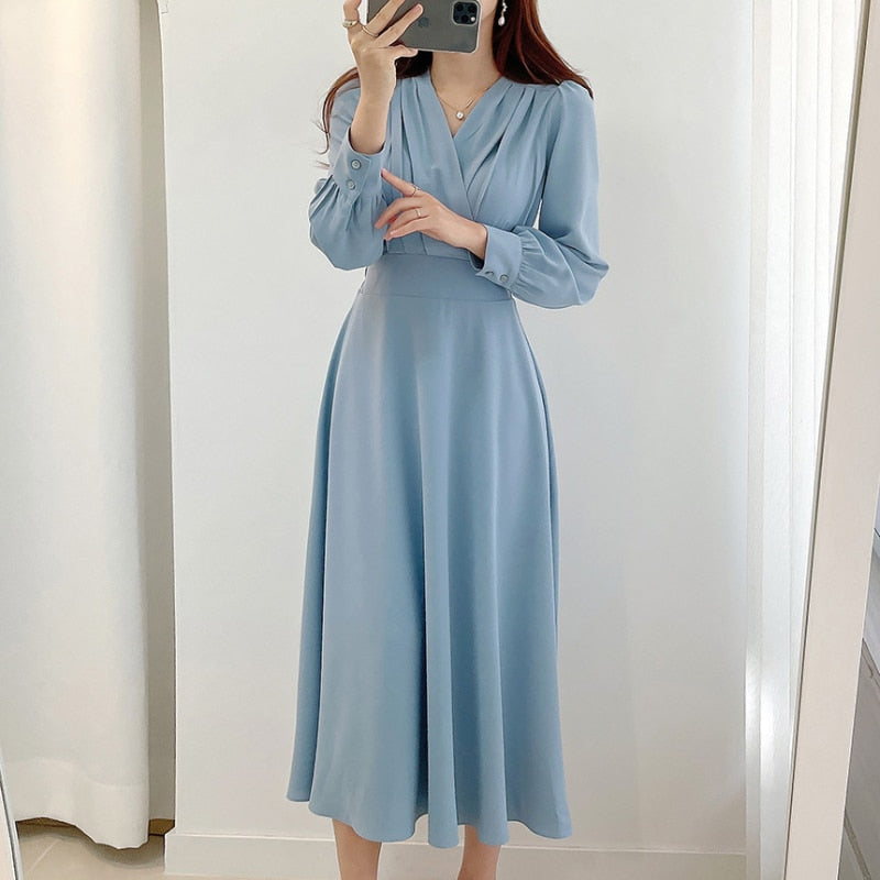 Valenzora V-neck Puff Sleeve A-line Dresses