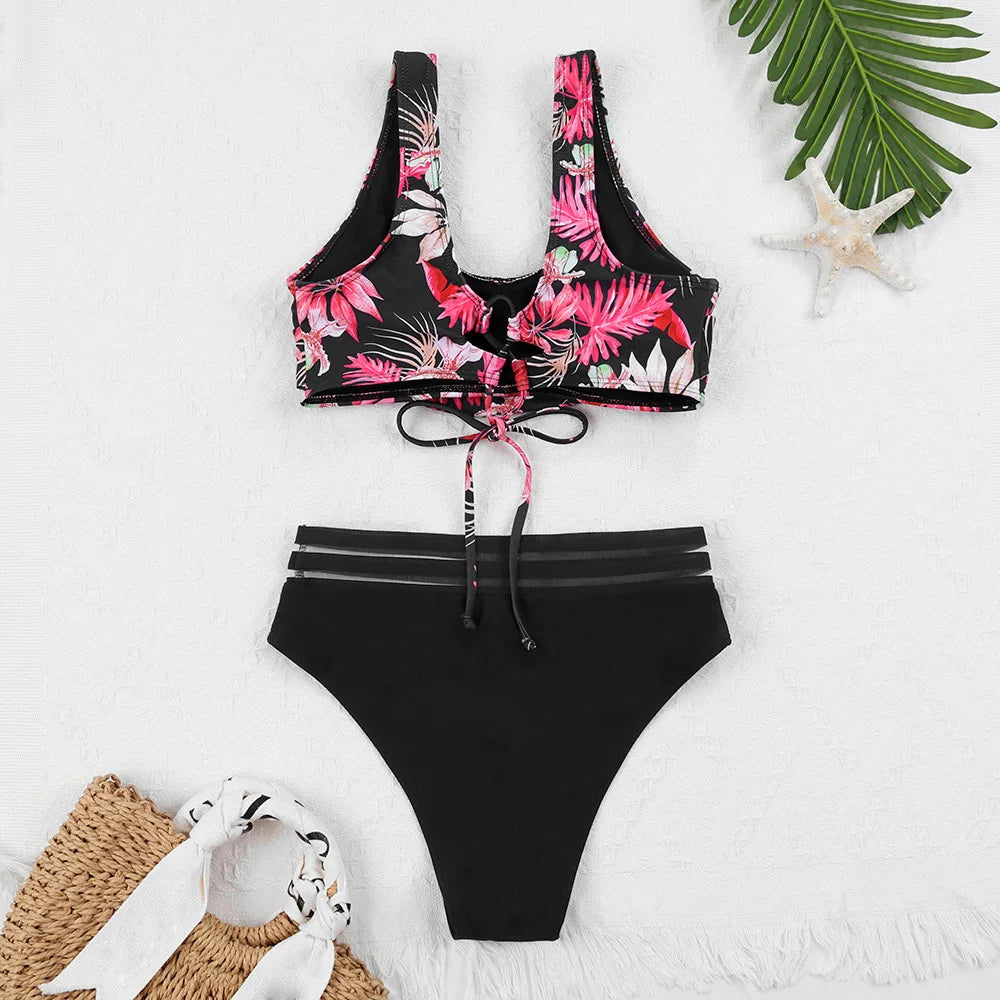 Valenzora | Schnür-High-Waist-Bikini Damen Bademode Damen Badeanzug Gepolstert Push-Up Floral Badeanzug Damen Bikini-Set
