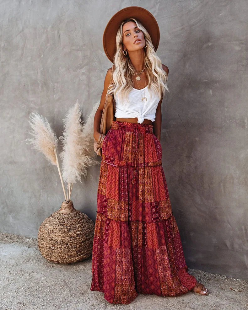 Valenzora | High-waisted long printed A-line skirt floral skirt