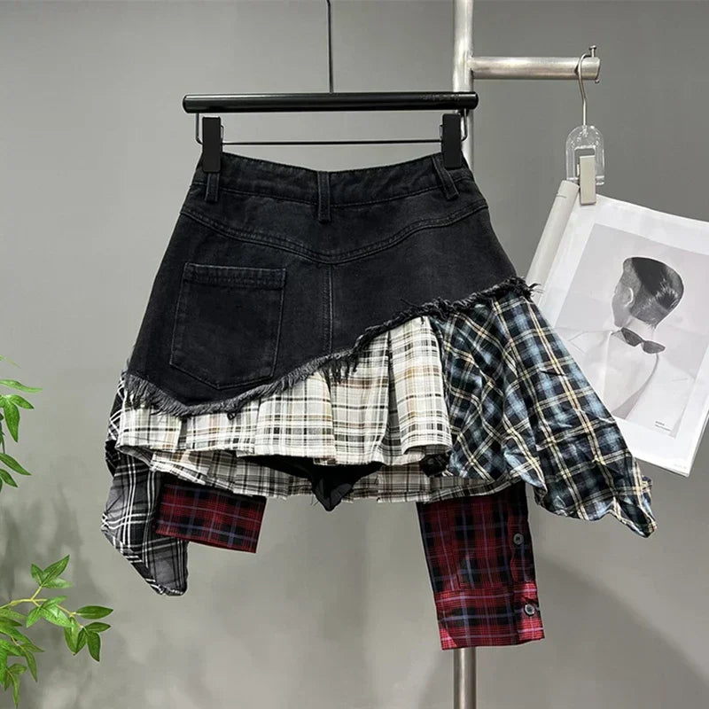 Valenzora | Vintage Irregular Patchwork Checkered Denim Short Skirts for Women High Waist Wrapped Hip Mini Skirt Summer Female