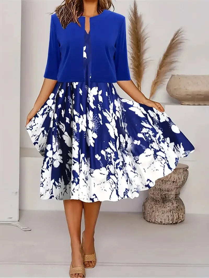 Valenzora | Neu für den Sommer! EU US Herbst Damen 2-teiliges langes Kleid Set Blumen- und Graspunkt Rundhalskleid mit Chiffon Kurzjacke