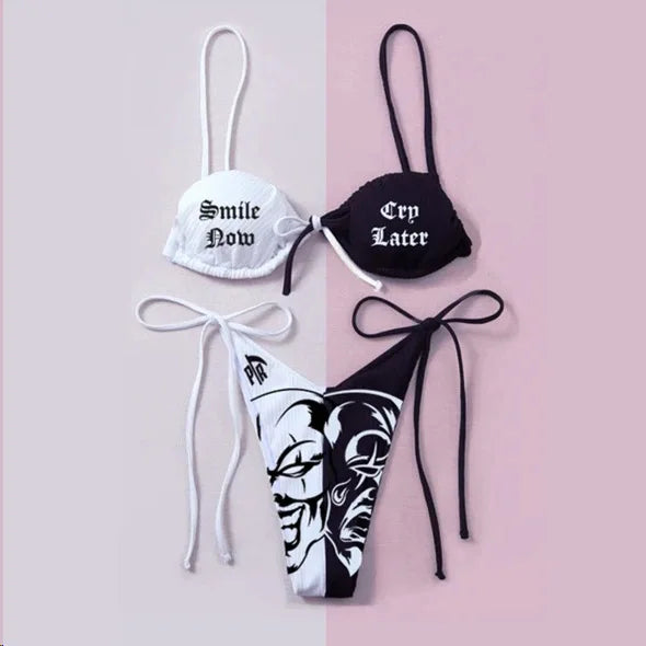Valenzora | Sexy Goth Bikini Women's Letter Skull Print Swimsuit Split Swimsuit High Waist Gothic Bikini Set Beach Outfits