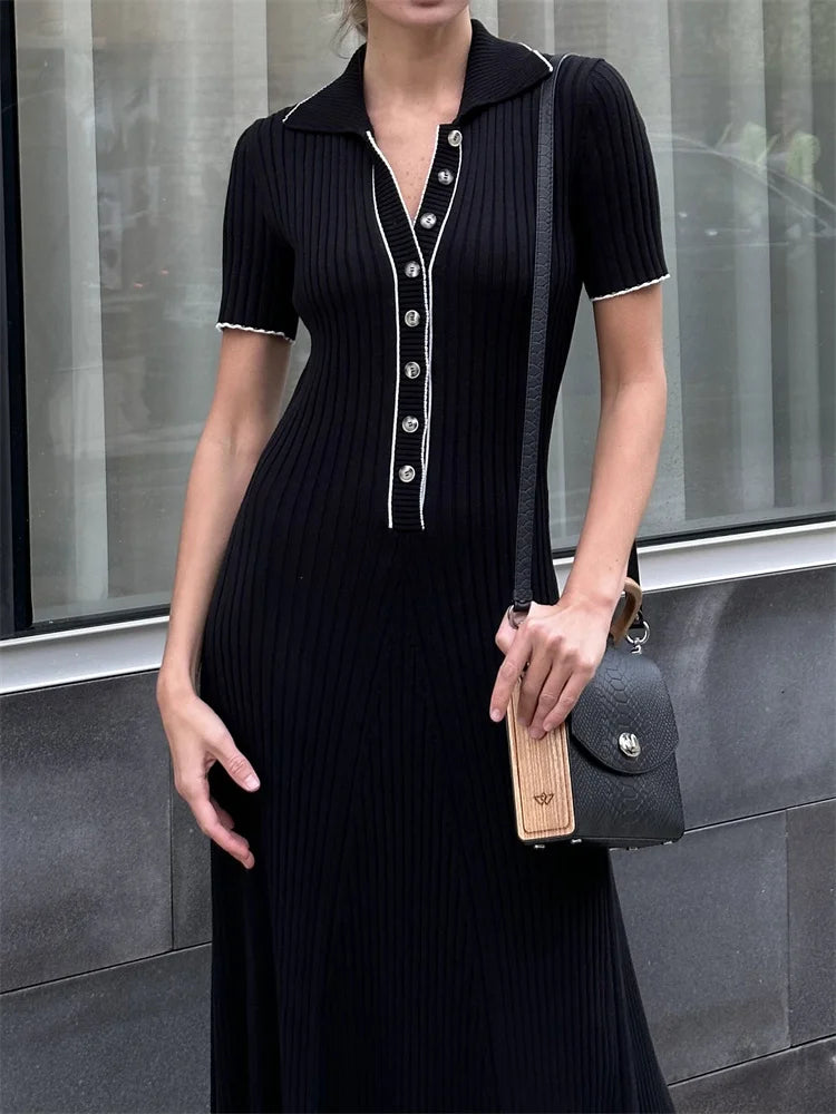 Valenzora | Patchwork Lapel Knit Maxi Dress