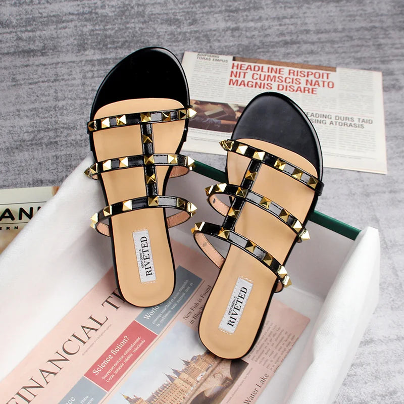 Valenzora | Sommer Damen-Sandalen, lässige Slipper, flache Schuhe, schlichter Stil, modisches Nietendesign, für Spaziergänge und Einkäufe, Übergrößen