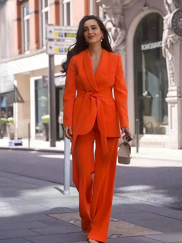 Valenzora | Damen Freizeit-Blazer, schicke Oberbekleidung, elegante Schlaghose, Langarm, V-Ausschnitt, Gürtel, Büro-Pendler-Anzugset