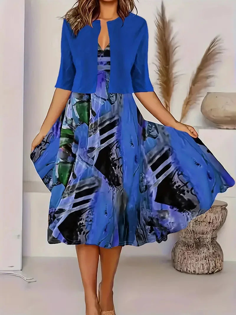 Valenzora | Neu für den Sommer! EU US Herbst Damen 2-teiliges langes Kleid Set Blumen- und Graspunkt Rundhalskleid mit Chiffon Kurzjacke