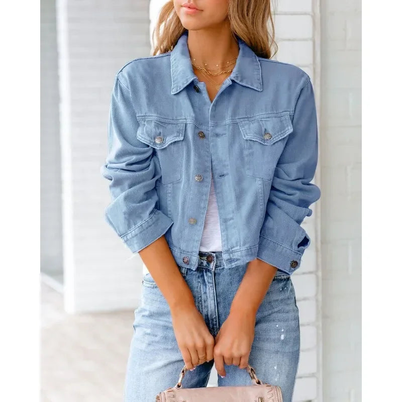 Valenzora | Short pocket jacket Fashion Streetwear Simple button trendy women's denim jackets Long sleeves Autumn New Denim Denim jackets