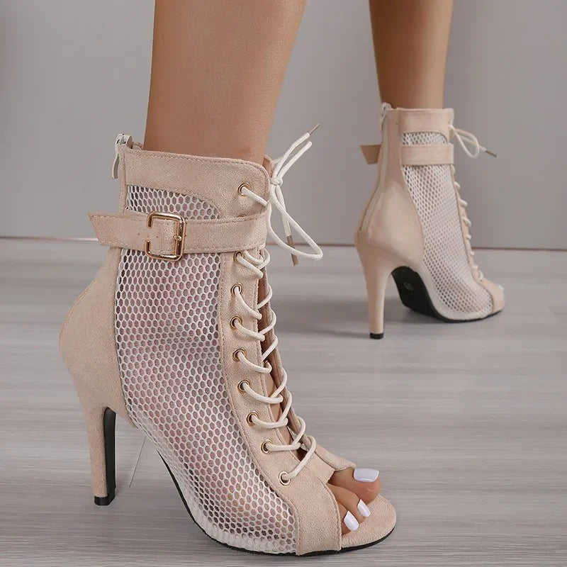 Valenzora | Sandalen Cave Mesh High Heels Gürtelschnalle Damen Sommer Beige Schnürung Sexy Offene Spitze Stiletto Jazz Dance Party Damenschuhe