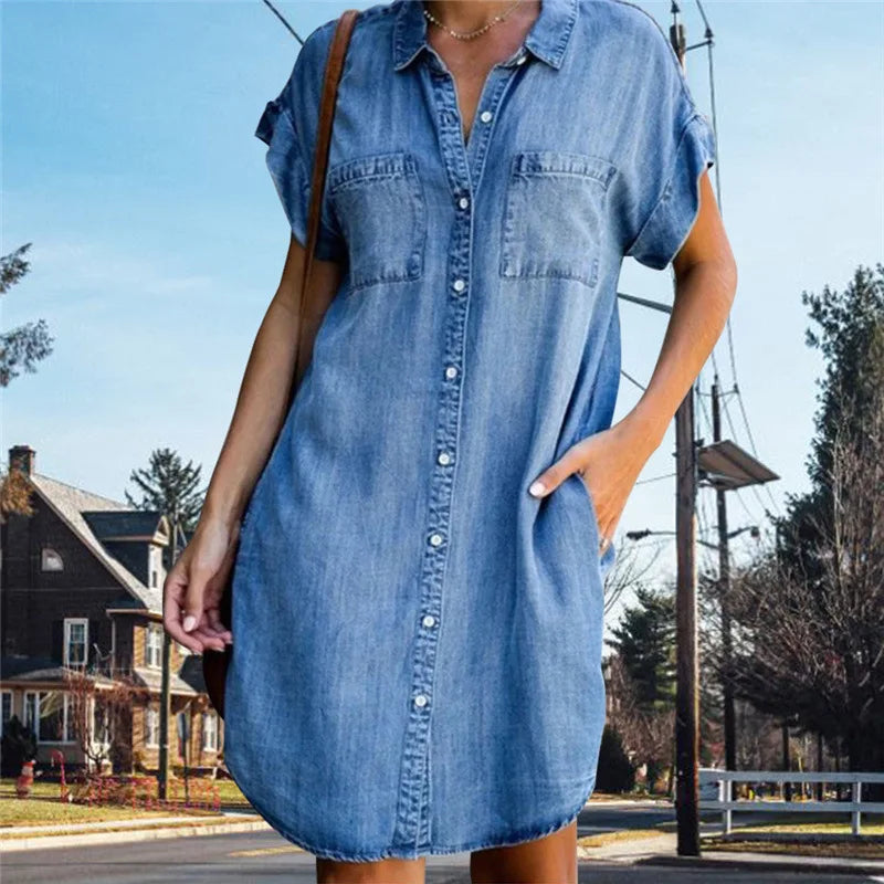 Valenzora | Lässiges, kurzärmeliges Jeans-Minikleid für Damen mit Knöpfen