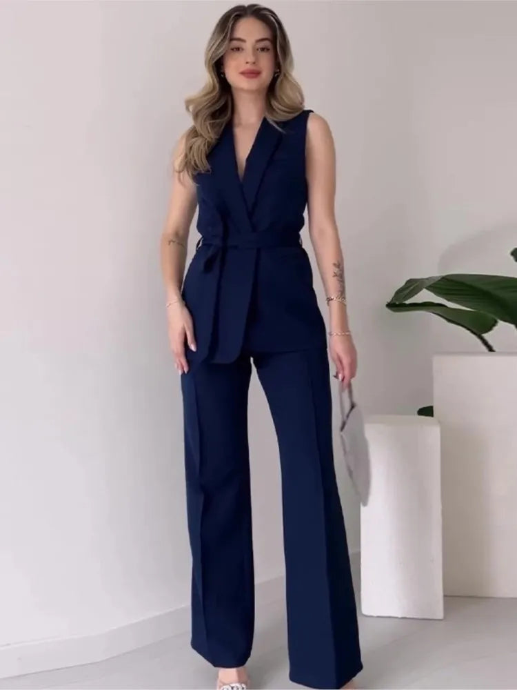 Valenzora | Sleeveless blazer suit, tailored fit, wrap V-neck, wide-leg trousers