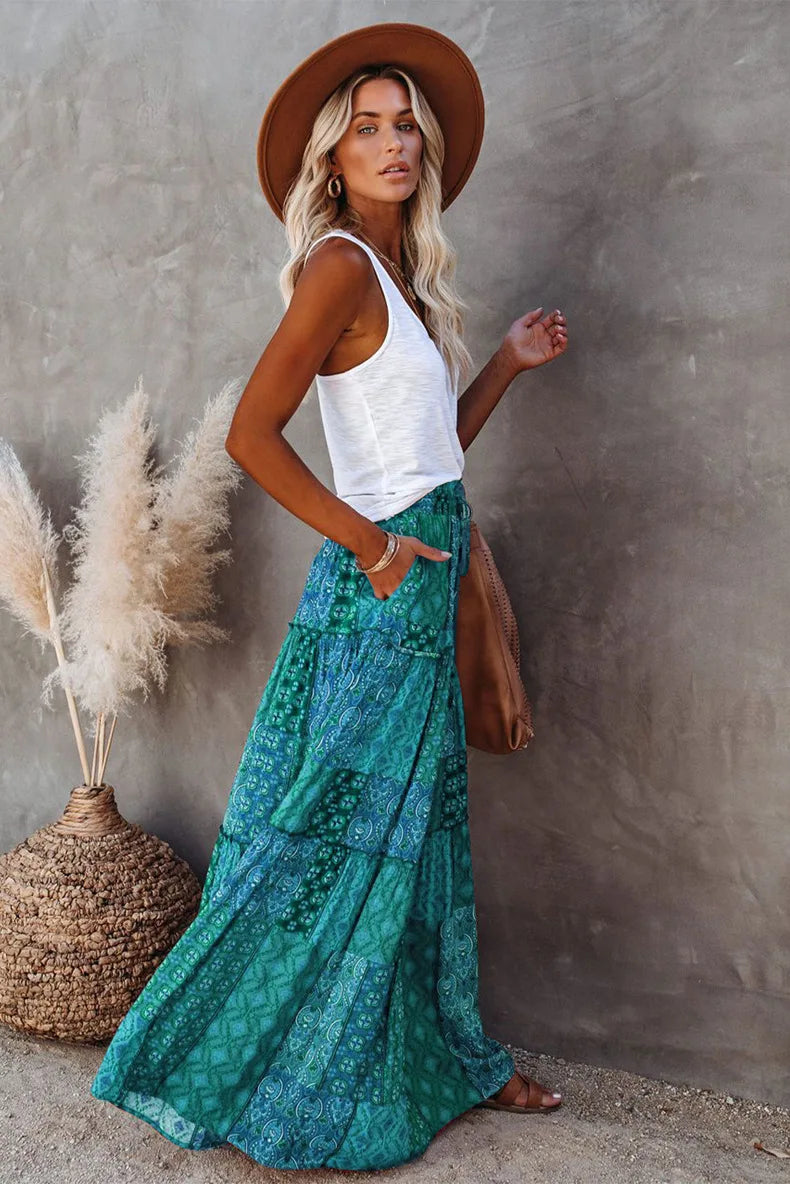 Valenzora | High-waisted long printed A-line skirt floral skirt