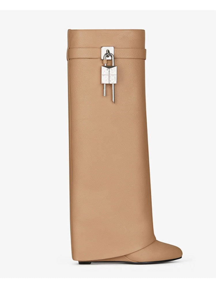 Valenzora | Women's Knee-High Boots Shark Lock Long Thick Soles High Heels Boots Designer Luxury Brand Women's Leather Boots