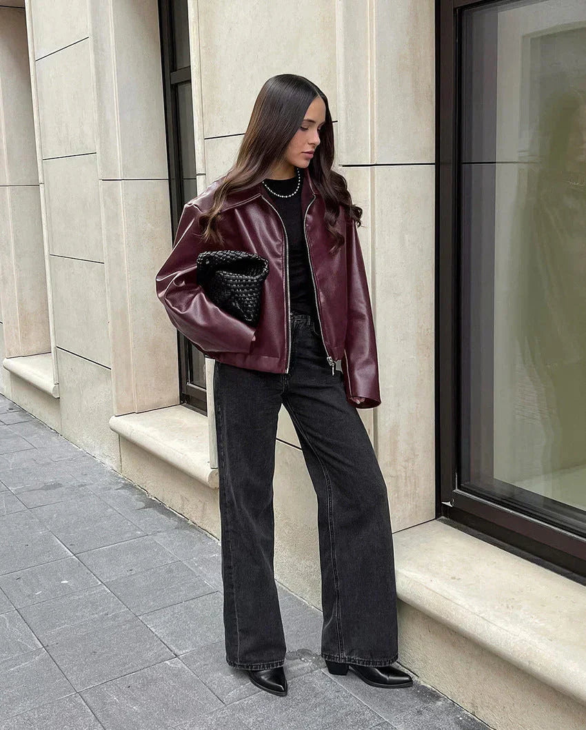Valenzora | Women's Red Leather Jacket Vintage Leather Jacket with Zipper For Women