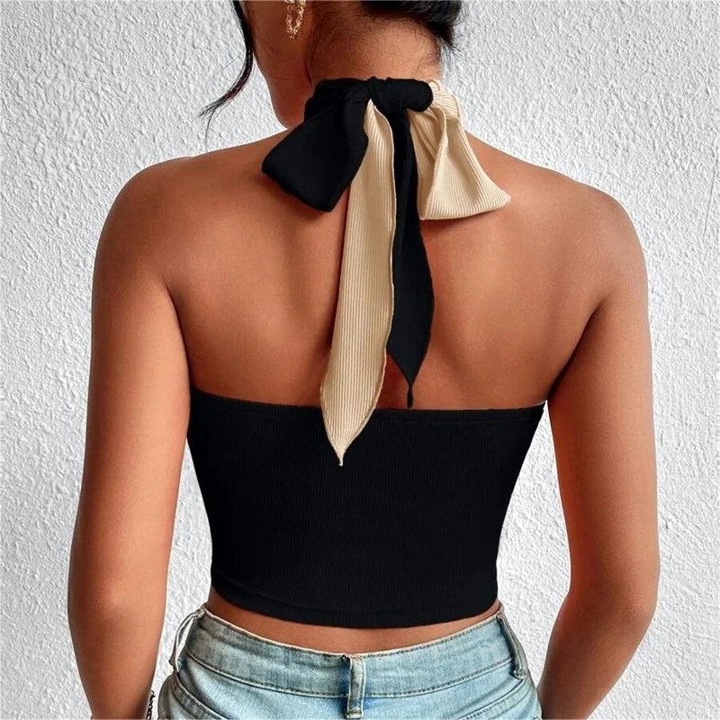 Valenzora | Damen-Sommer-Tanktops Sexy Patchwork Kreuz Halter Neck Träger Loch Crop Tops High Street Wear Neue Mode