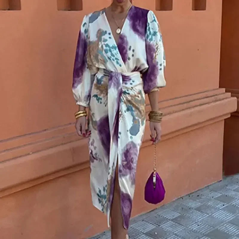 Valenzora | Batik wrap midi dress with puff sleeves