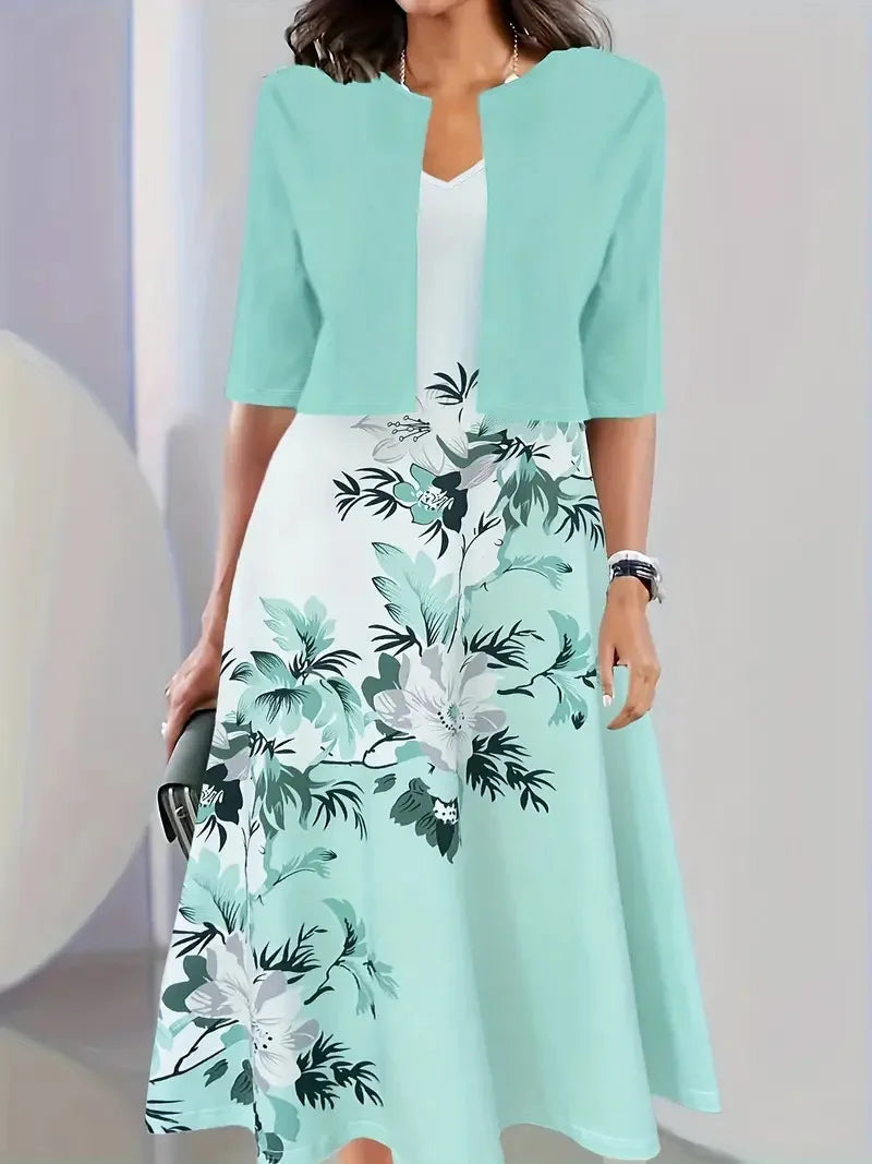 Valenzora | Neu für den Sommer! EU US Herbst Damen 2-teiliges langes Kleid Set Blumen- und Graspunkt Rundhalskleid mit Chiffon Kurzjacke