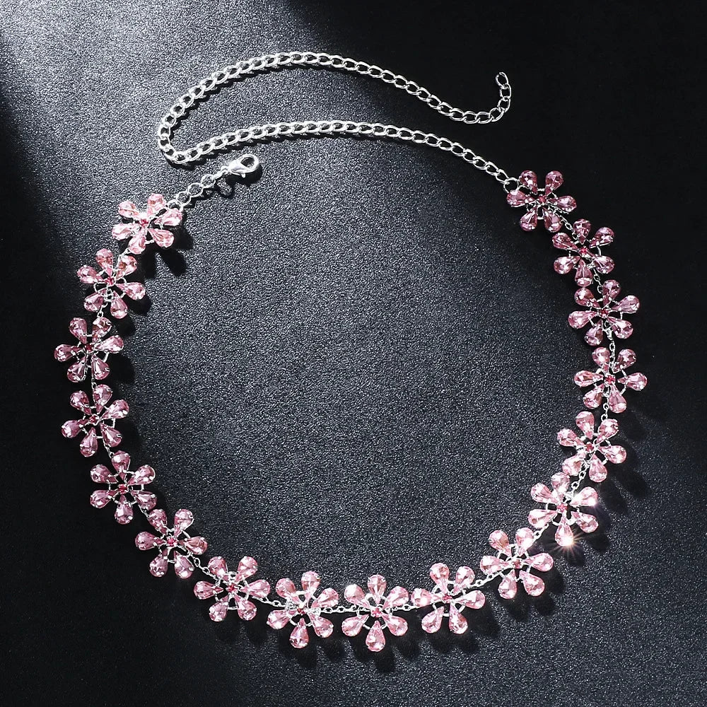Valenzora | Mode Rosa Kristall Blumen Choker Halskette Statement Accessoires Mode Damen Strass Kragen Halskette Schlüsselbein Schmuck Ins
