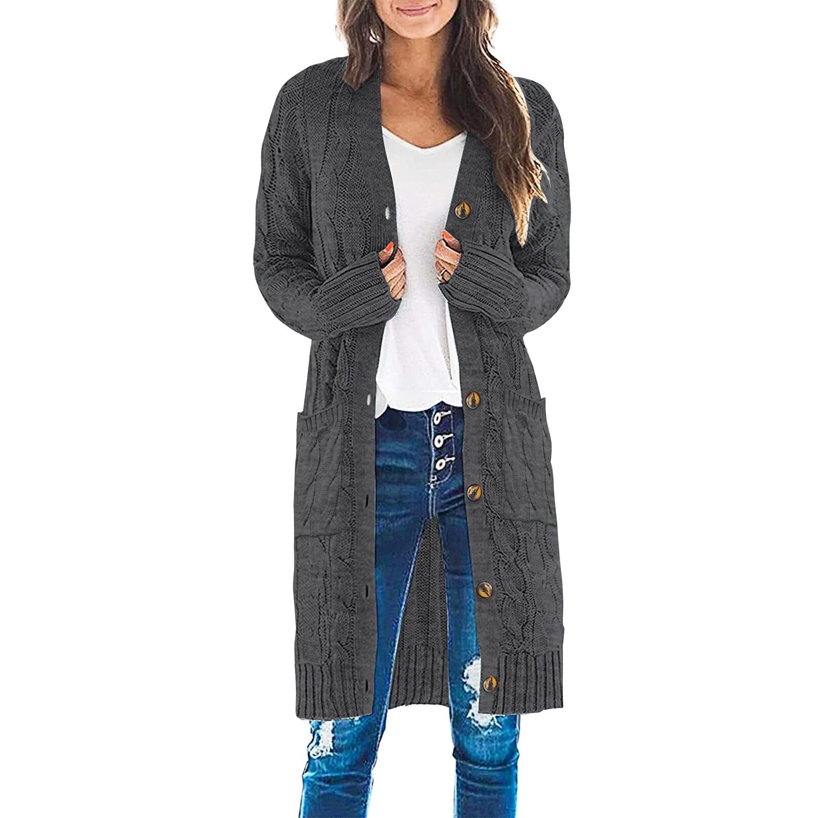 Long-sleeved knitted coat - women's cardigan with pockets for spring and autumn