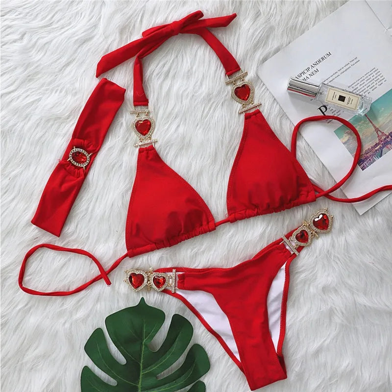 Valenzora | Rosa sexy Bikinis Bademode mit Herz-Strasssteinen Damen Bademode Weiblicher Push-Up Bikini Strand Bademode Badeanzüge Pool Bademode