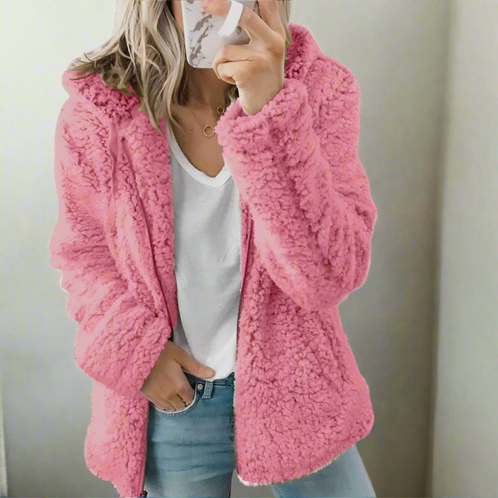 Valenzora | Women's Teddy Fleece Jacket with Hood - Soft Winter Jacket with Zipper
