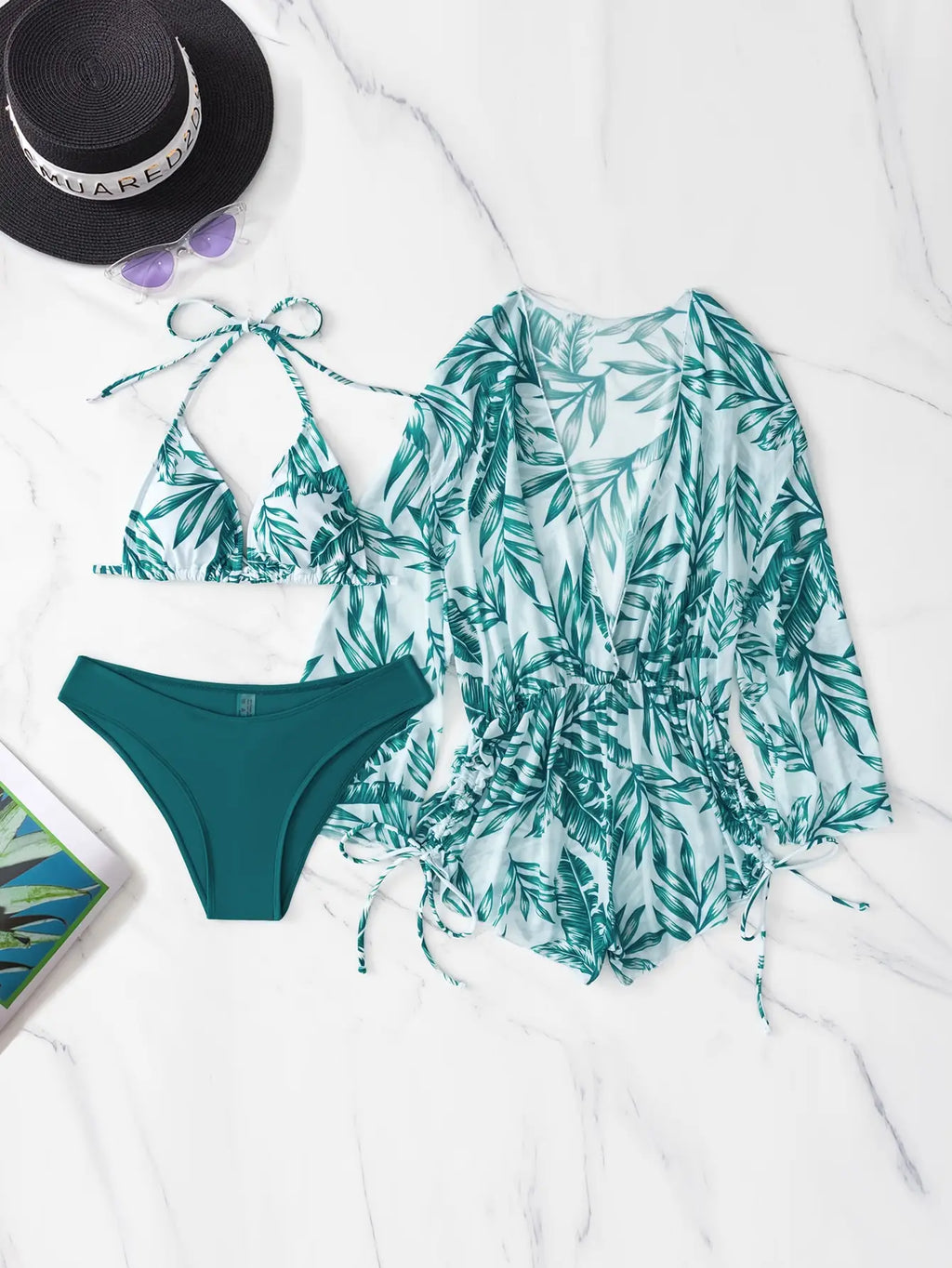 Valenzora | 3-teiliger Bikini mit tropischem Print, Neckholder, seitlicher Schnürung, Damen-Badeanzug, weibliche Bademode, Sommer-Strandbekleidung