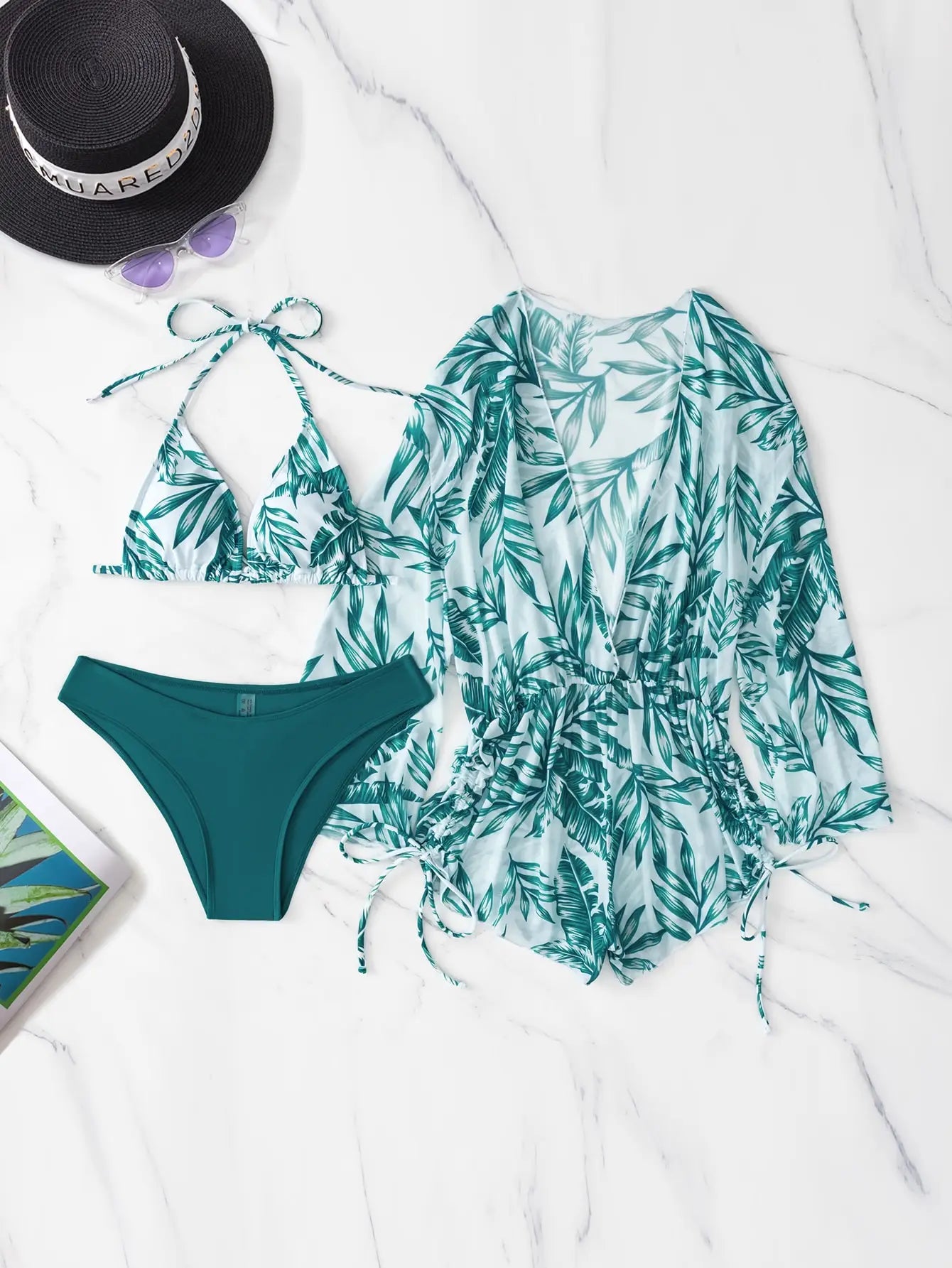 Valenzora | 3-teiliger Bikini mit tropischem Print, Neckholder, seitlicher Schnürung, Damen-Badeanzug, weibliche Bademode, Sommer-Strandbekleidung