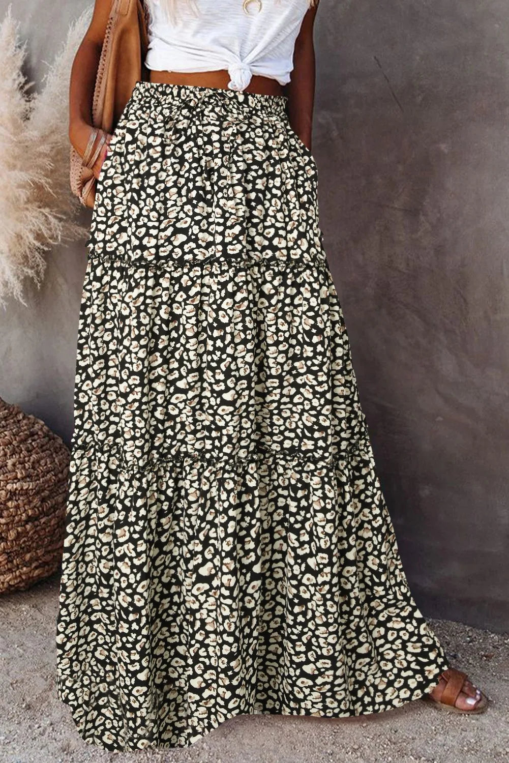 Valenzora | High-waisted long printed A-line skirt floral skirt