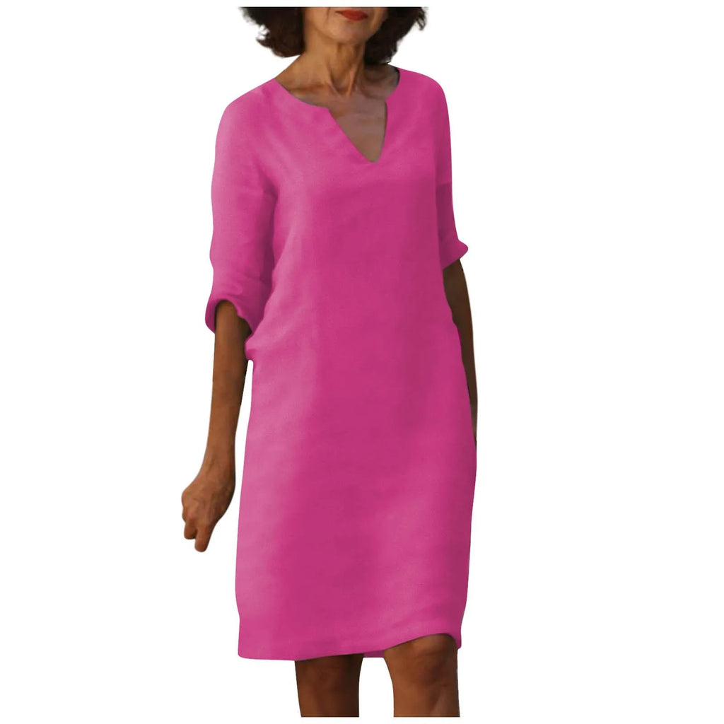 Valenzora | Women's Cotton Linen V-Neck Dress with Half Sleeves