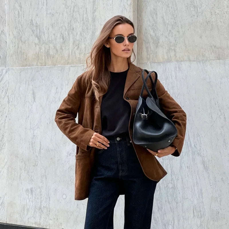 Valenzora | Brown suede jacket with lapels, chic and warm