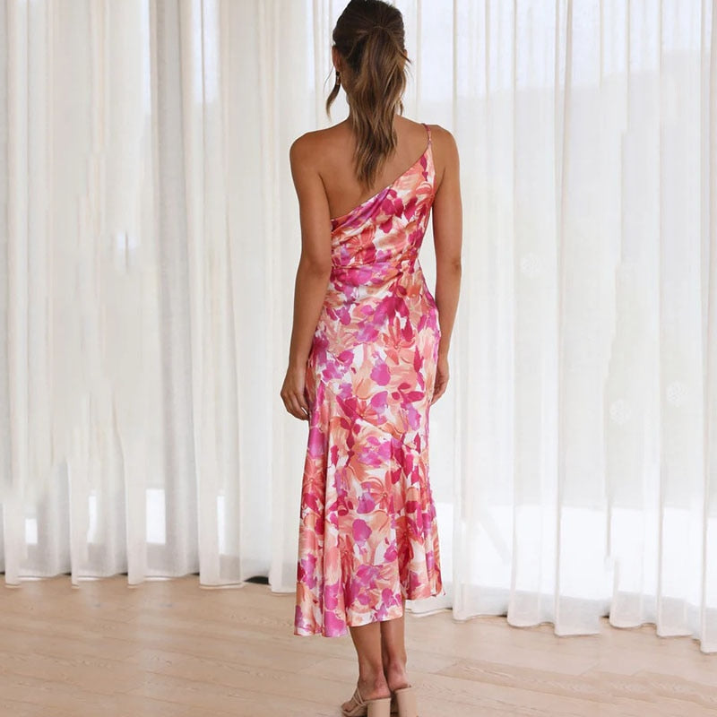Valenzora | Pink Floral One Shoulder A-Line Satin Dress for Women