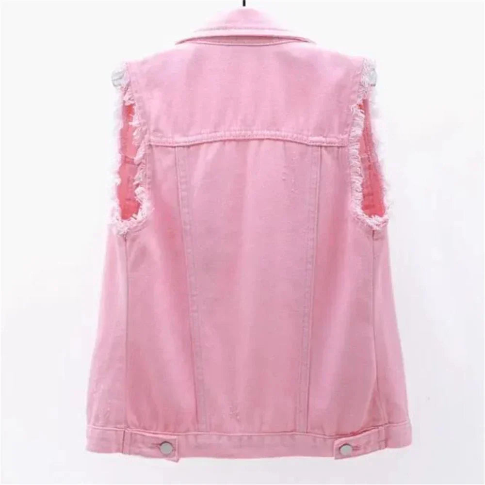 Valenzora | Denim Vest Sleeveless Frayed Button Closure Classic Collar Casual Fit