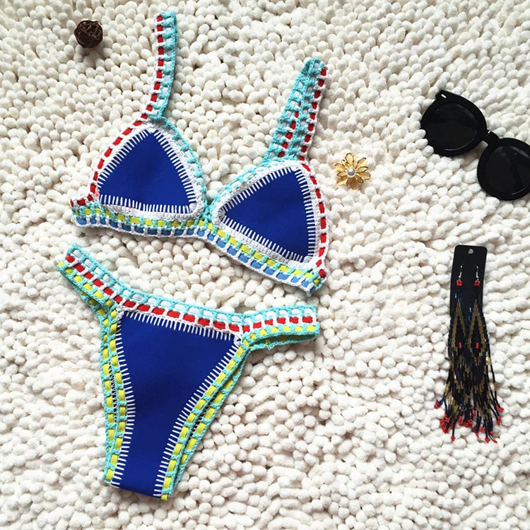 Valenzora | Gestrickter 2-teiliger Bikini-Badeanzug für Damen, Sommer Strandurlaub Bademode, Sexy Triangel-Cup V-Ausschnitt Träger Bademode