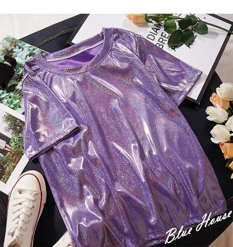 Valenzora | S 5XL Women's Sparkling Shiny Metallic Holographic Round Neck Short Sleeve Casual Loose Top Festival Party T-Shirt Women's Clothing