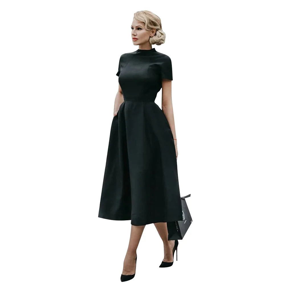 Valenzora | Elegantes schwarzes Damenkleid, halbhoher Kragen, hohe Taille, A-Linien-Kleider, figurbetontes Kleid, Business-Kleid, einfarbige Damen-Vestidos
