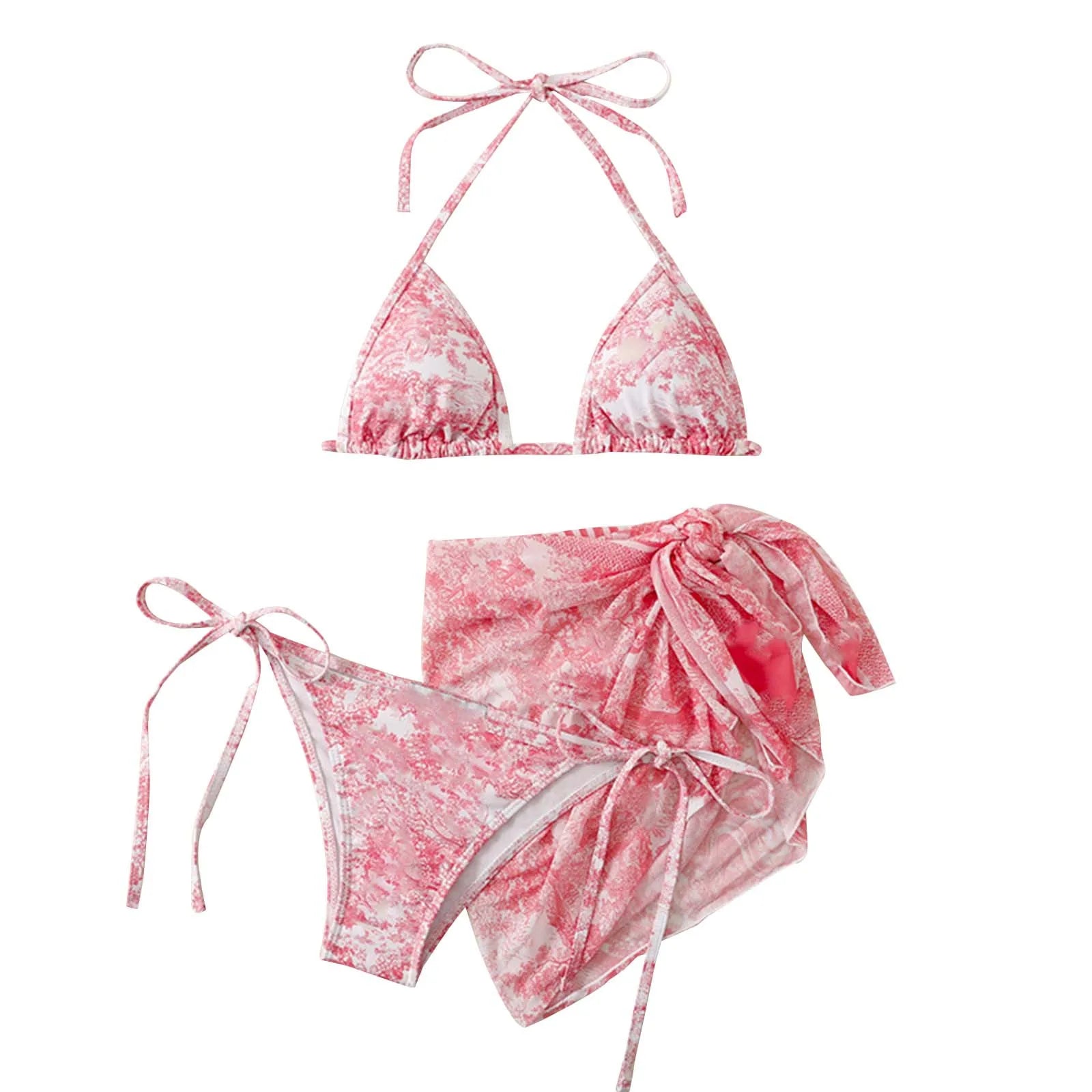 Valenzora | Damen Dreiteilige Bademode Sommer Push-Up High Waist Bikini Set mit Wickelrock Batik-Badeanzug Strandmode