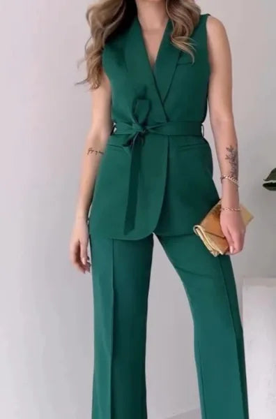 Valenzora | Sleeveless blazer suit, tailored fit, wrap V-neck, wide-leg trousers