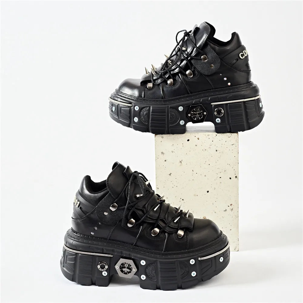 Valenzora | Fashion Women's Ankle Boots, Thin Heels, Round Toe, Lace-Ups, Metal Decoration, Sneakers, Studded, Punk, Gothic, Rock Shoes
