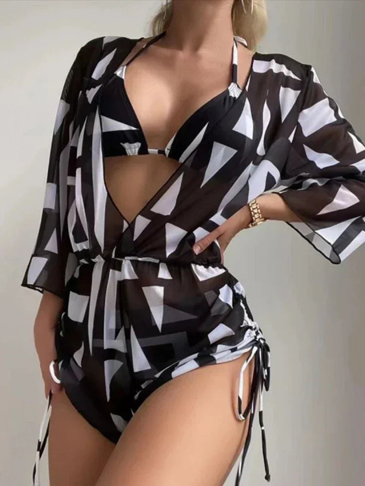 Valenzora | 3-teiliger Bikini mit tropischem Print, Neckholder, seitlicher Schnürung, Damen-Badeanzug, weibliche Bademode, Sommer-Strandbekleidung
