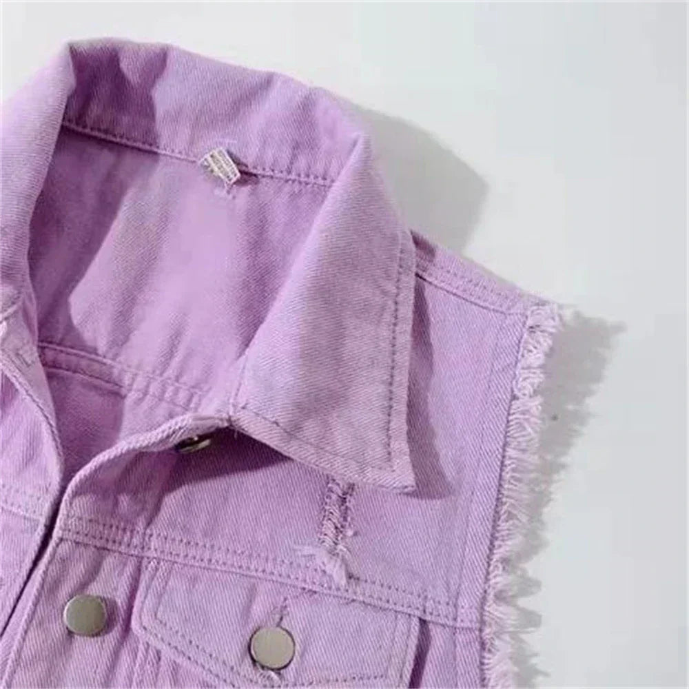 Valenzora | Denim Vest Sleeveless Frayed Button Closure Classic Collar Casual Fit