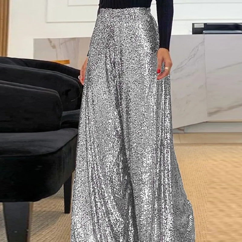 Valenzora Elegant Shiny Sequin Long Trousers
