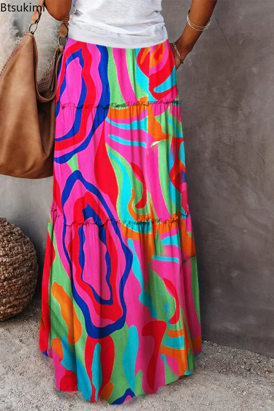 Valenzora | High-waisted long printed A-line skirt floral skirt