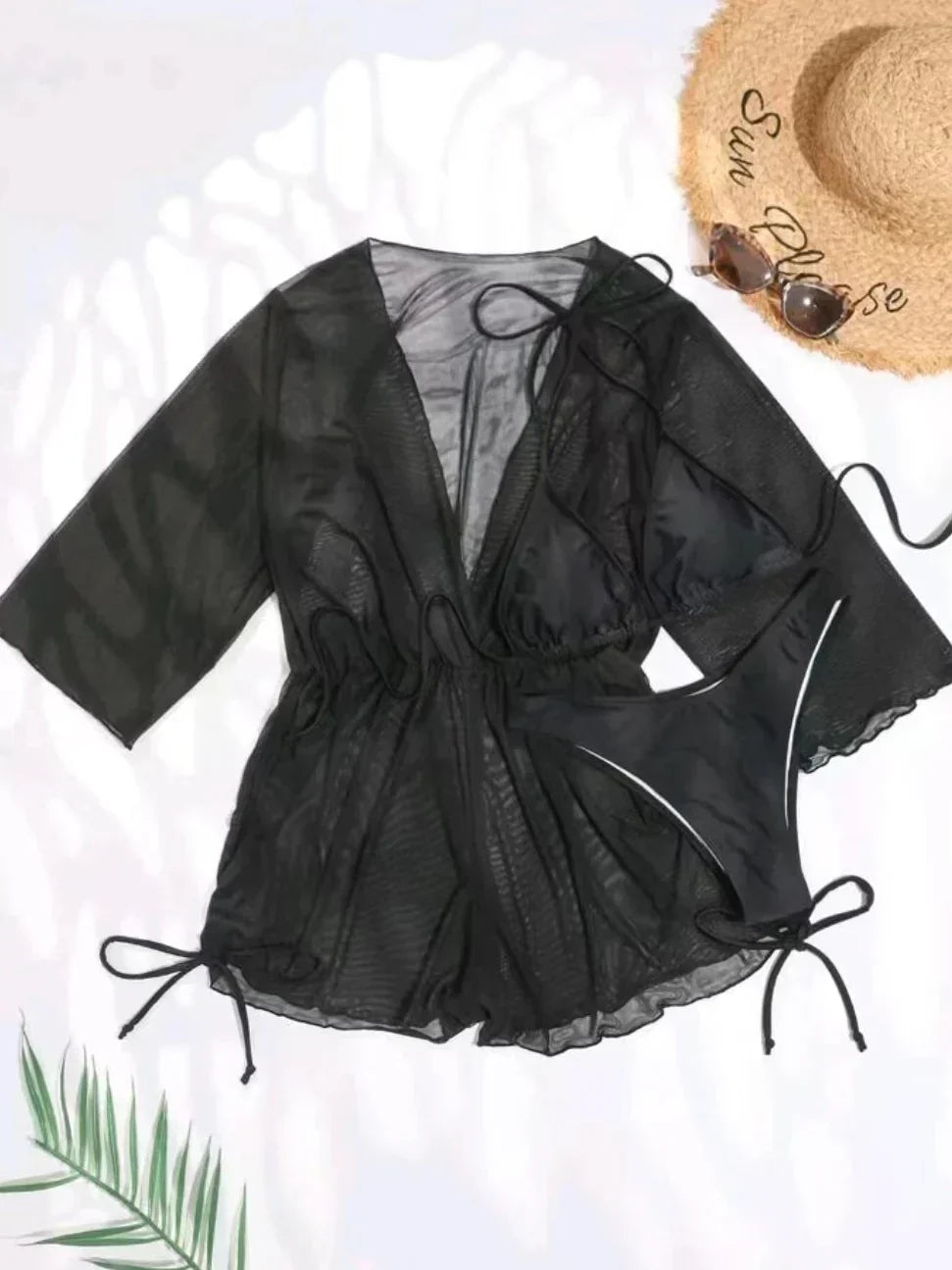 Valenzora | 3-teiliger Bikini mit tropischem Print, Neckholder, seitlicher Schnürung, Damen-Badeanzug, weibliche Bademode, Sommer-Strandbekleidung
