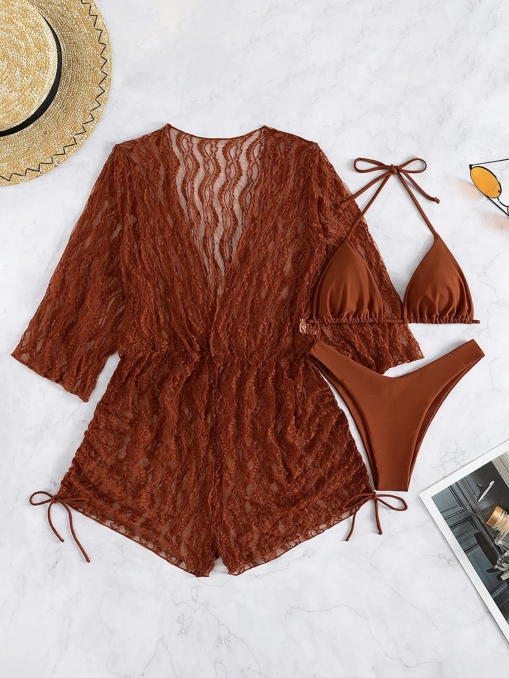 Valenzora | 3-teiliger Bikini mit tropischem Print, Neckholder, seitlicher Schnürung, Damen-Badeanzug, weibliche Bademode, Sommer-Strandbekleidung
