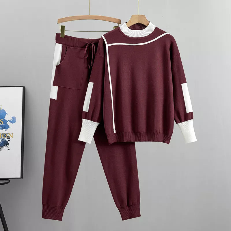 Valenzora | Casual Autumn Knit Patchwork Top and Pants Set for Women