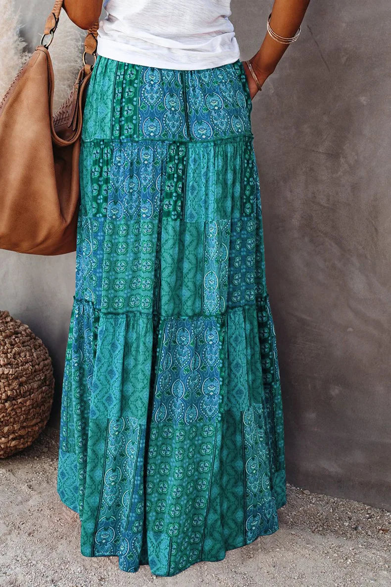 Valenzora | High-waisted long printed A-line skirt floral skirt